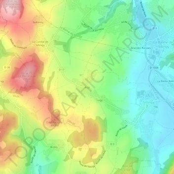 Mapa topográfico Arzy, altitud, relieve