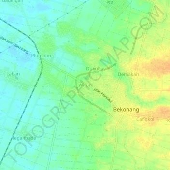 Mapa topográfico Wirun, altitud, relieve