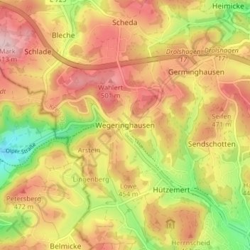 Mapa topográfico Wegeringhausen, altitud, relieve