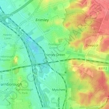 Mapa topográfico Frimley Green, altitud, relieve