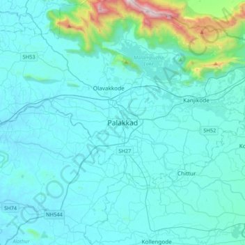 Mapa topográfico Palakkad, altitud, relieve