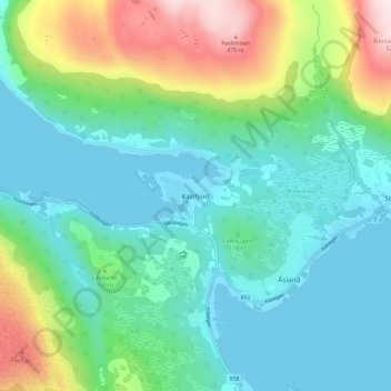 Mapa topográfico Kaldfjord, altitud, relieve