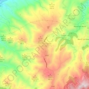 Mapa topográfico Castanea delle Furie, altitud, relieve