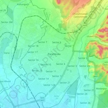 Mapa topográfico Panchkula, altitud, relieve