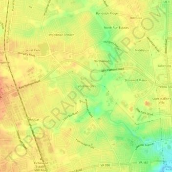 Mapa topográfico Lydell Heights, altitud, relieve
