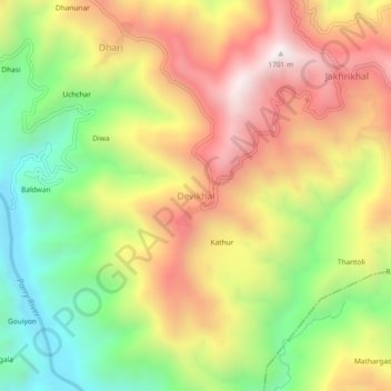 Mapa topográfico Devikhal, altitud, relieve