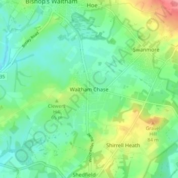Mapa topográfico Waltham Chase, altitud, relieve