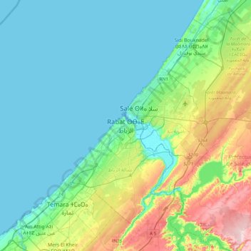 Mapa topográfico Rabat, altitud, relieve
