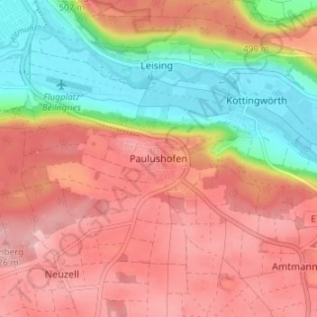 Mapa topográfico Paulushofen, altitud, relieve