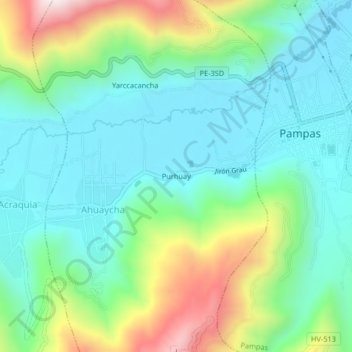 Mapa topográfico Purhuay, altitud, relieve