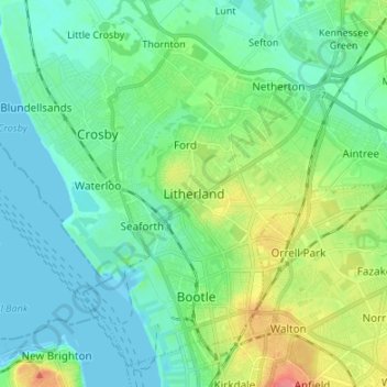 Mapa topográfico Litherland, altitud, relieve