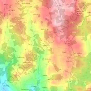 Mapa topográfico O Fachal, altitud, relieve