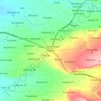 Mapa topográfico Awasi, altitud, relieve