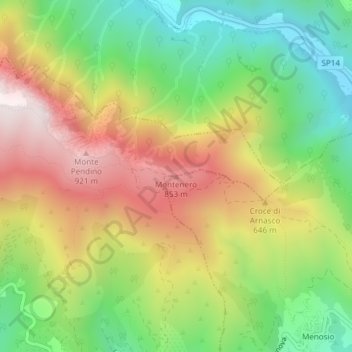 Mapa topográfico Montenero, altitud, relieve