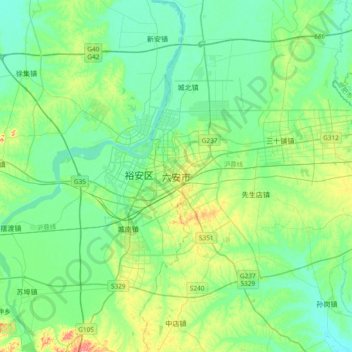 Mapa topográfico Lu'an, altitud, relieve
