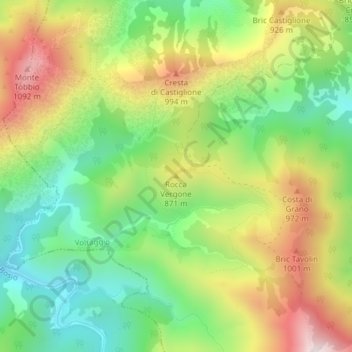 Mapa topográfico Rocca Vergone, altitud, relieve