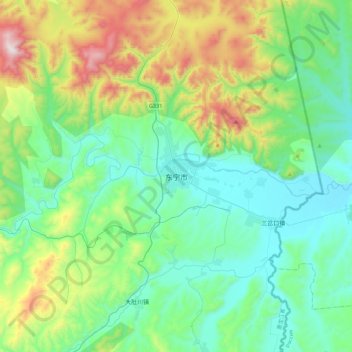 Mapa topográfico Dongning, altitud, relieve