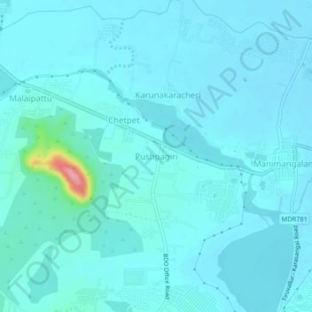 Mapa topográfico Pushpagiri, altitud, relieve