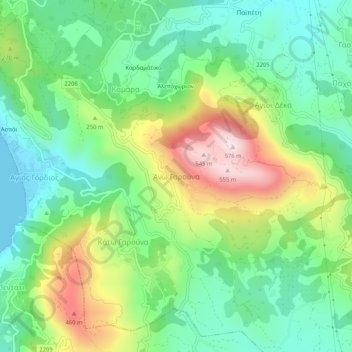 Mapa topográfico Ano Garouna, altitud, relieve