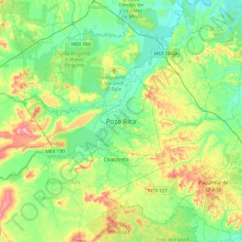 Mapa topográfico Poza Rica, altitud, relieve