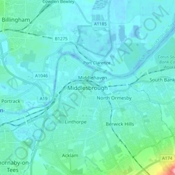 Mapa topográfico Middlesbrough, altitud, relieve