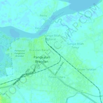 Mapa topográfico Brandan Timur Baru, altitud, relieve