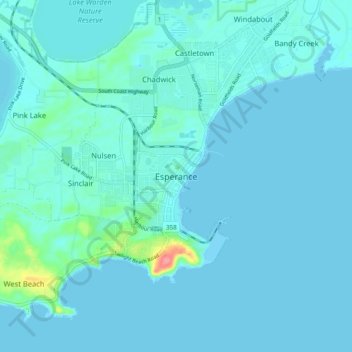 Mapa topográfico Esperance, altitud, relieve