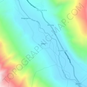 Mapa topográfico Shagar, altitud, relieve