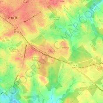 Mapa topográfico Russell, altitud, relieve