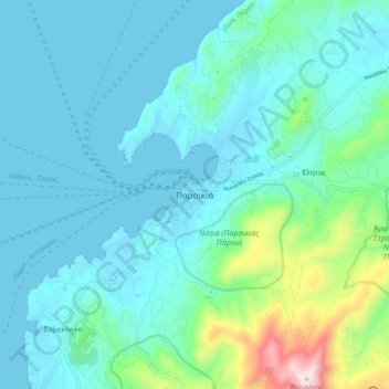 Mapa topográfico Parikia, altitud, relieve