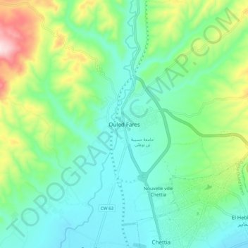 Mapa topográfico Ouled Fares, altitud, relieve