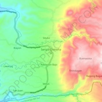 Mapa topográfico Sergio Osmeña Sr., altitud, relieve