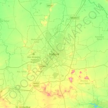 Mapa topográfico Indore, altitud, relieve