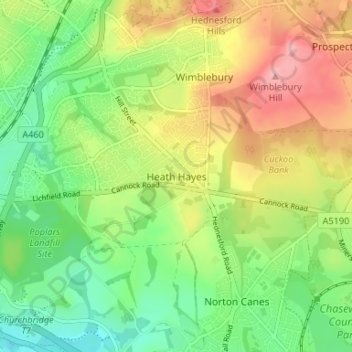 Mapa topográfico Heath Hayes, altitud, relieve