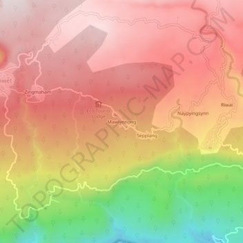 Mapa topográfico Mawlynnong, altitud, relieve