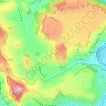 Mapa topográfico Tressac, altitud, relieve
