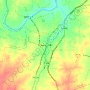 Mapa topográfico Aravakurichi, altitud, relieve