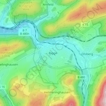 Mapa topográfico Bigge, altitud, relieve