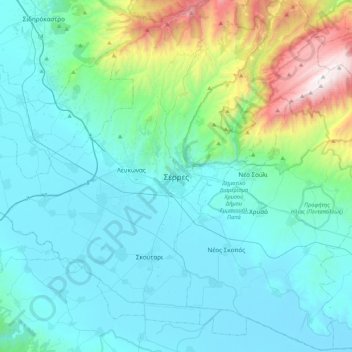 Mapa topográfico Serres, altitud, relieve