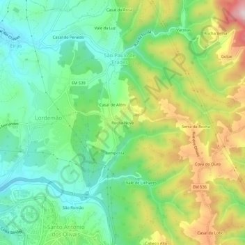 Mapa topográfico Rocha Nova, altitud, relieve