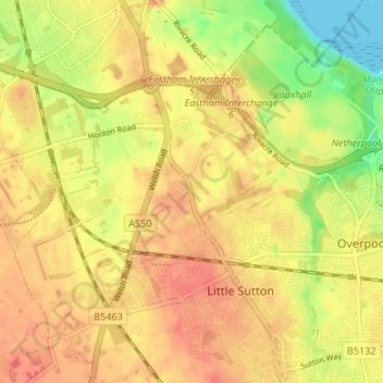Mapa topográfico Childer Thornton, altitud, relieve