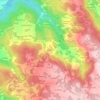 Mapa topográfico Rodeiro, altitud, relieve