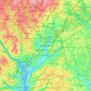Mapa topográfico Hyattsville, altitud, relieve