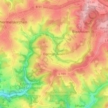Mapa topográfico Eipringhausen, altitud, relieve