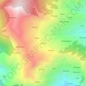 Mapa topográfico Jakholi, altitud, relieve