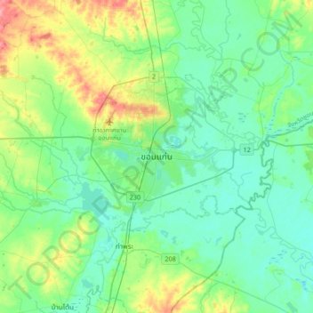 Mapa topográfico Khon Kaen, altitud, relieve