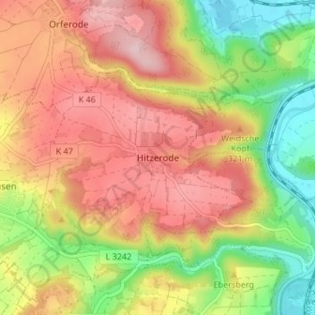 Mapa topográfico Hitzerode, altitud, relieve