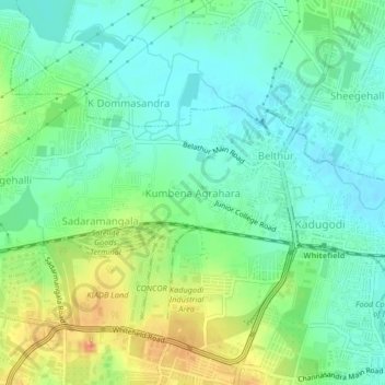 Mapa topográfico Kumbena Agrahara, altitud, relieve