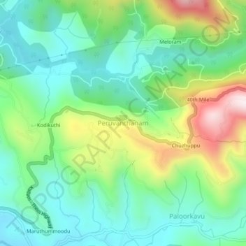 Mapa topográfico Peruvanthanam, altitud, relieve