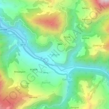 Mapa topográfico Paithani, altitud, relieve